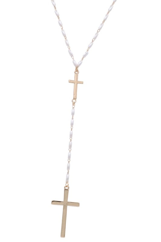 Cross Y-lariat Necklace W/Cream Pearls