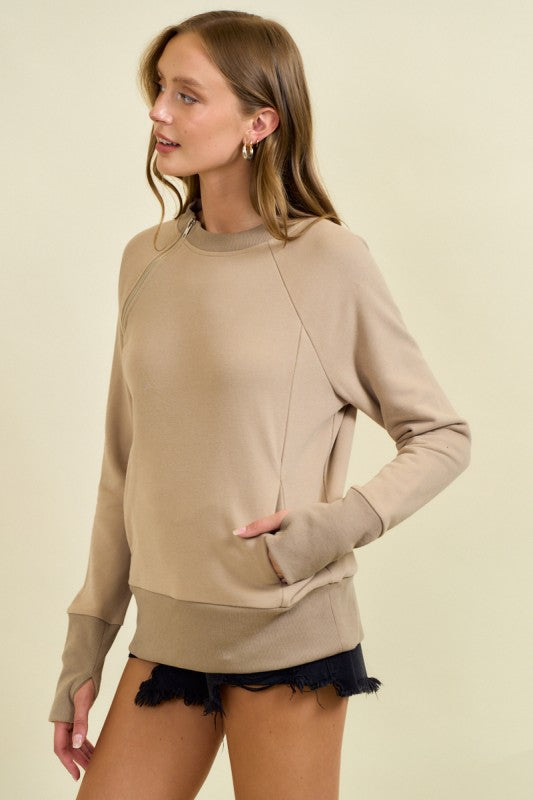 Tan Crewneck Side Zip Sweatshirt
