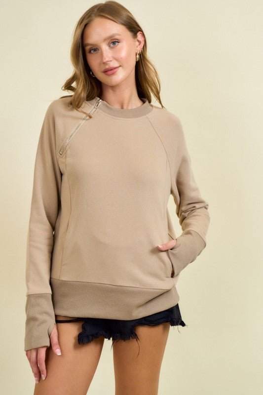 Tan Crewneck Side Zip Sweatshirt