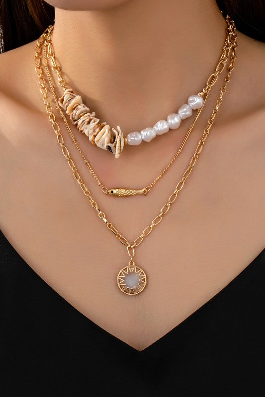 Multi Layer Seashell Pearl Fish Charm Necklace