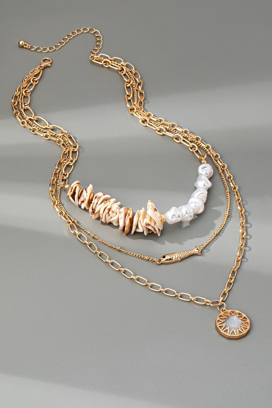 Multi Layer Seashell Pearl Fish Charm Necklace