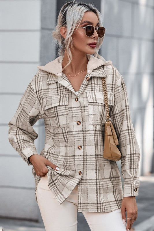Plaid Removable Hood Buttoned Shacket