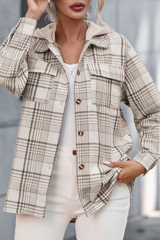 Plaid Removable Hood Buttoned Shacket