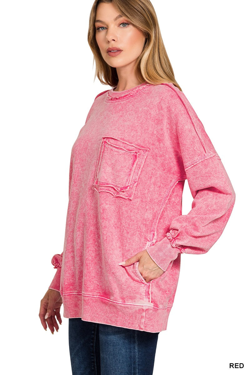 Magenta Red Halo Washed Exposed Seam Sweatshirt