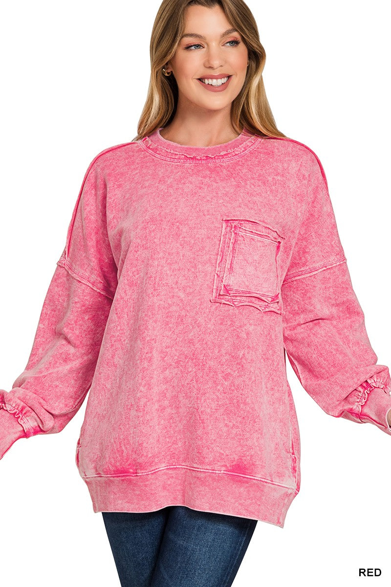 Magenta Red Halo Washed Exposed Seam Sweatshirt