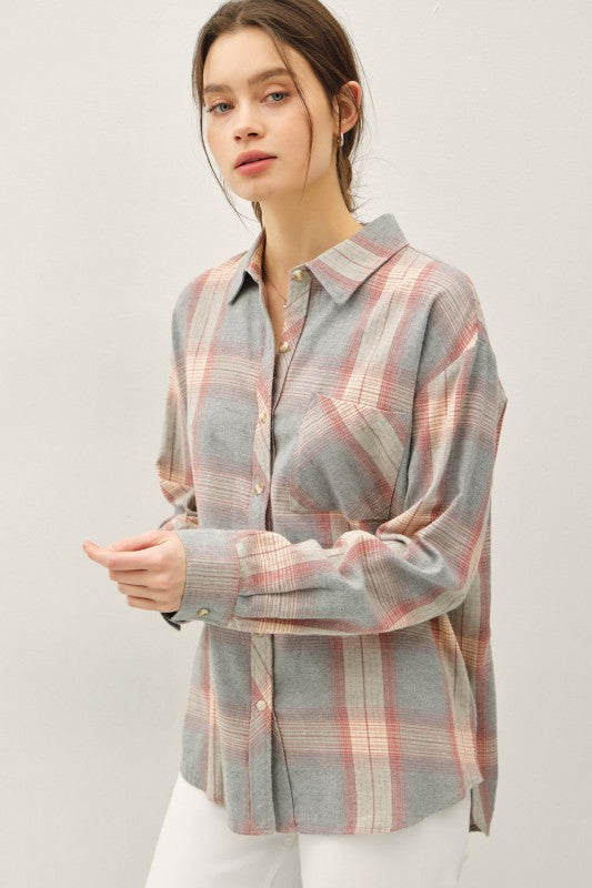 Dusty Coral/Grey Cotton Classic Faded Plaid Button Up