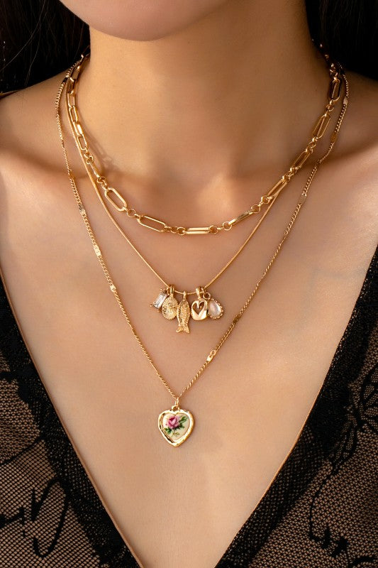 Porcelain Heart Multi Charm Pendant Necklace