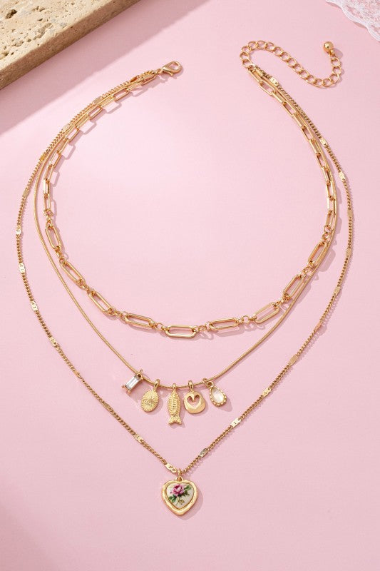 Porcelain Heart Multi Charm Pendant Necklace