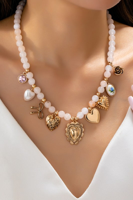 White Beaded Porcelain Heart Multi-charm Necklace