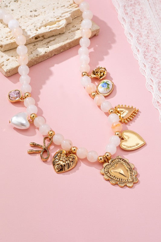 White Beaded Porcelain Heart Multi-charm Necklace