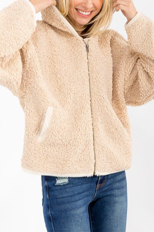 Solid Sherpa Hooded Zip Up Jacket