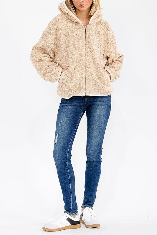 Solid Sherpa Hooded Zip Up Jacket