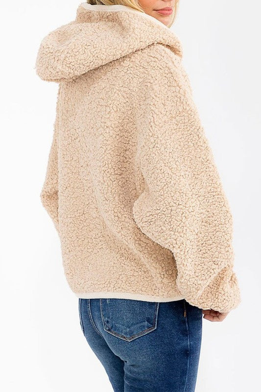 Solid Sherpa Hooded Zip Up Jacket