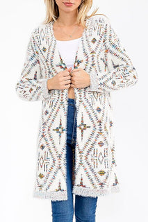 Aztec Print Open Front Fuzzy Cardigan