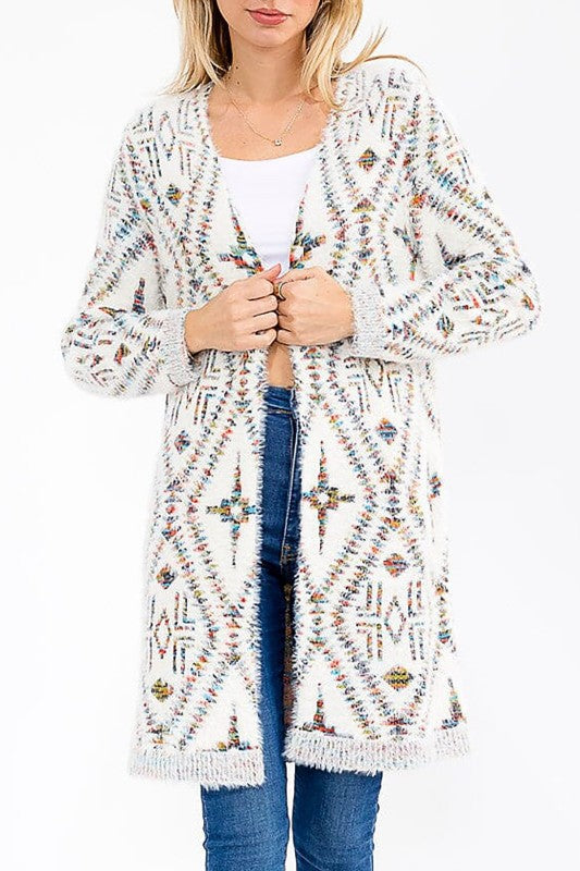 Aztec Print Open Front Fuzzy Cardigan