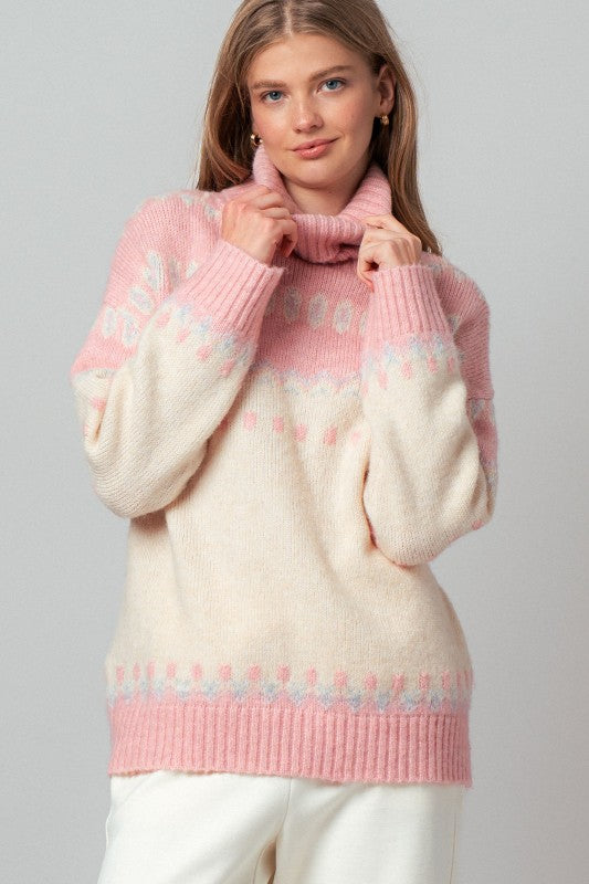Ivory/Pink Fair Isle Turtleneck Sweater