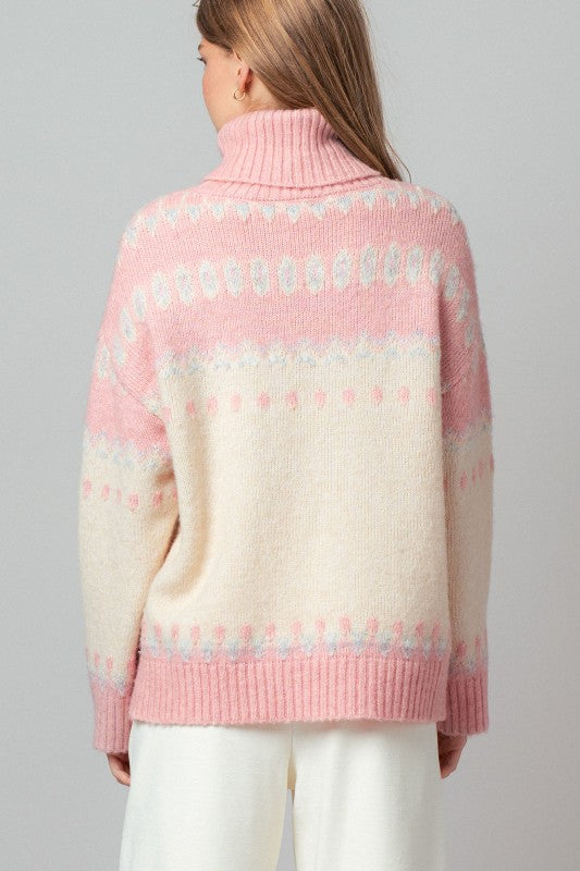 Ivory/Pink Fair Isle Turtleneck Sweater