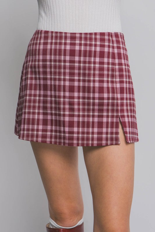 Burgundy Split Front Plaid Mini Skort