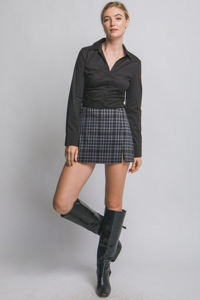 Black Split Front Plaid Mini Skort