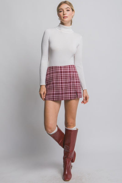 Burgundy Split Front Plaid Mini Skort