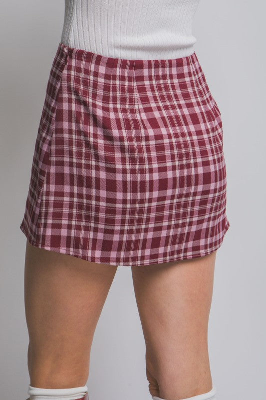 Burgundy Split Front Plaid Mini Skort
