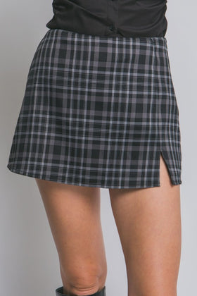 Black Split Front Plaid Mini Skort