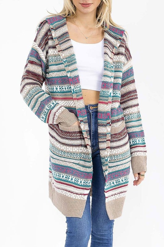 Multi Colored Striped Hooded Cardigan