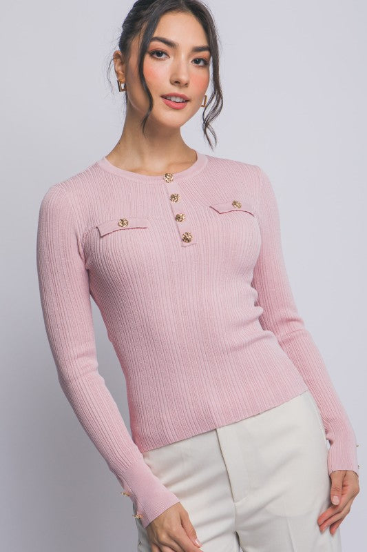 Pink Ribbed Knit Accent Top-Market Grey Boutique