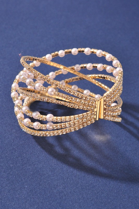 Gold Rhinestone Pearl Memory Wire Bracelet