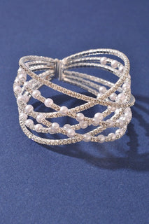 Silver Cream Rhinestone Pearl Memory Wire Bracelet