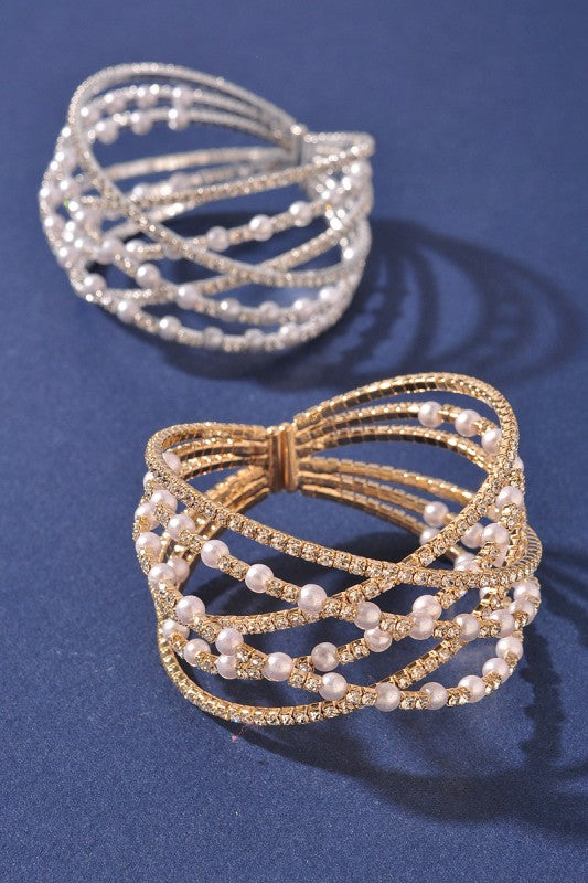 Gold Rhinestone Pearl Memory Wire Bracelet