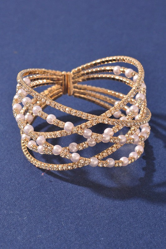 Gold Rhinestone Pearl Memory Wire Bracelet