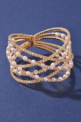 Gold Rhinestone Pearl Memory Wire Bracelet