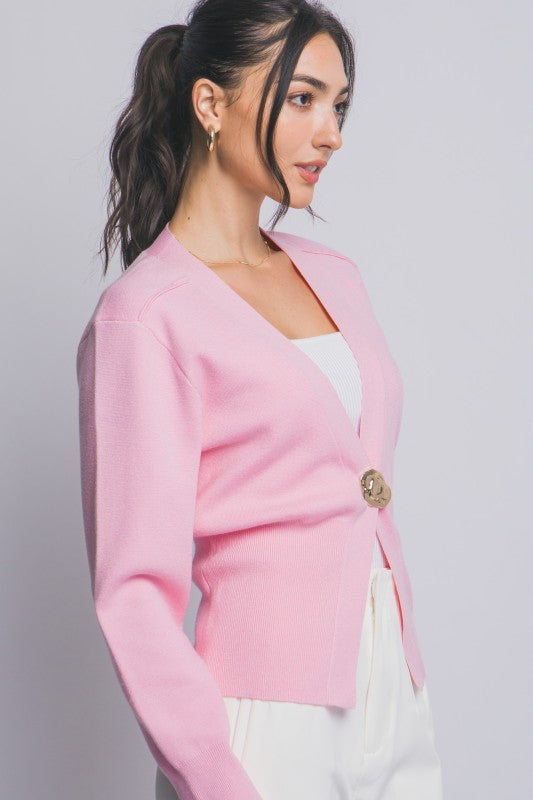Pink Accent Clasp Cardigan Sweater