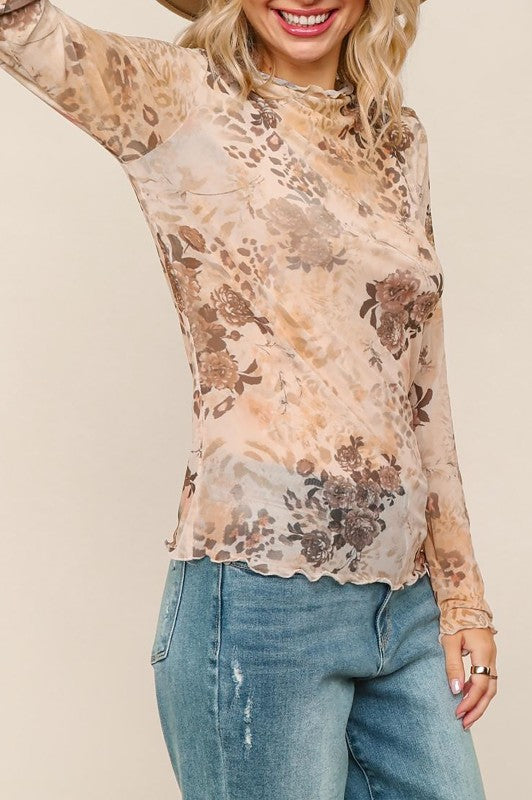 Frilled Hem Floral Semi Sheer Top