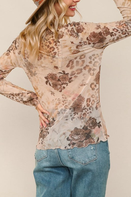 Frilled Hem Floral Semi Sheer Top