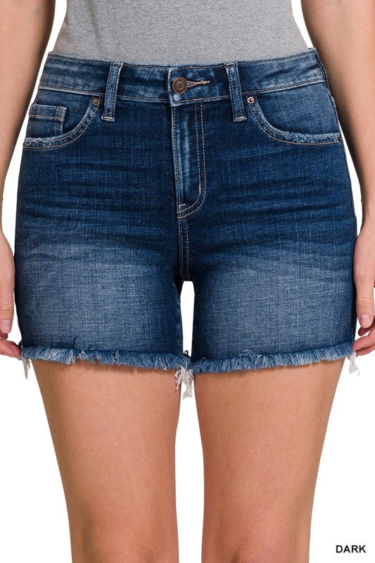Zenana Mid Rise Frayed Hem Denim Shorts
