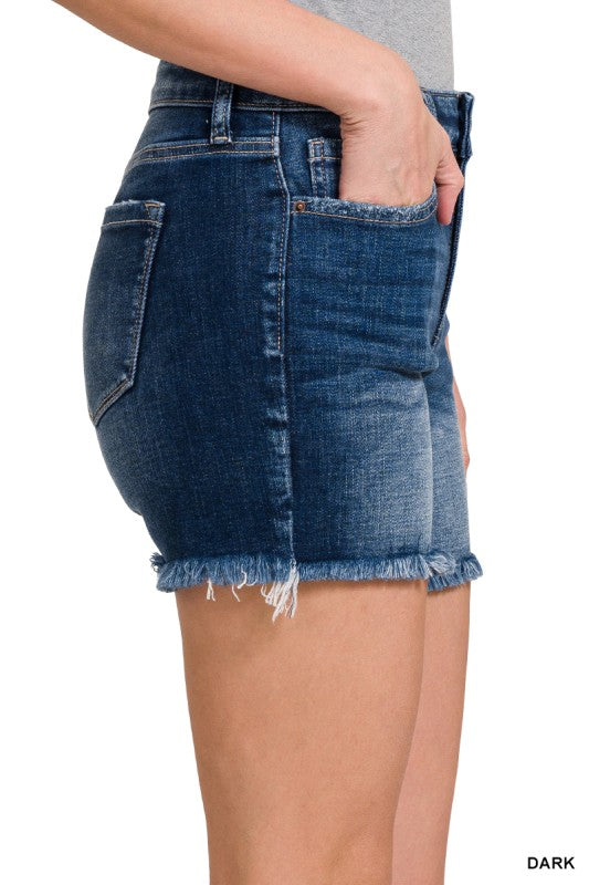 Zenana Mid Rise Frayed Hem Denim Shorts