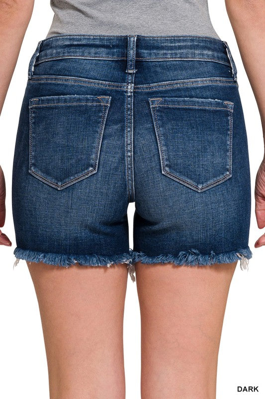 Zenana Mid Rise Frayed Hem Denim Shorts