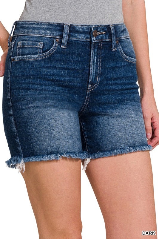 Zenana Mid Rise Frayed Hem Denim Shorts