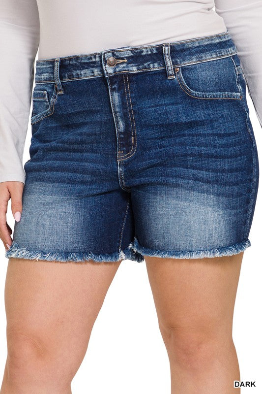 Zenana Mid Rise Frayed Hem Denim Shorts