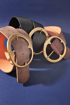 Dark Brown Circle Buckle Boho Wide Belt