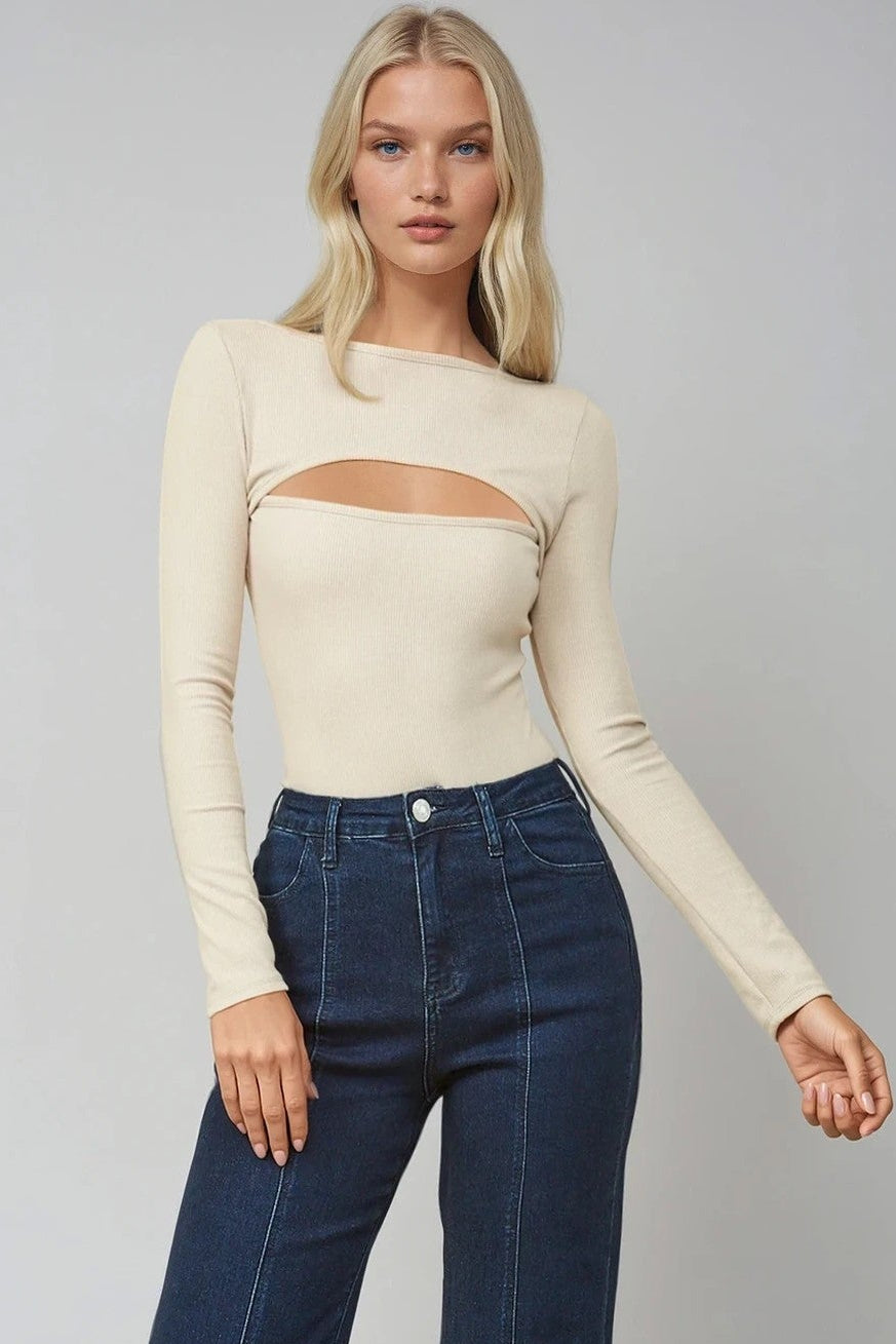 Beige Cut Out Ribbed Bodysuit