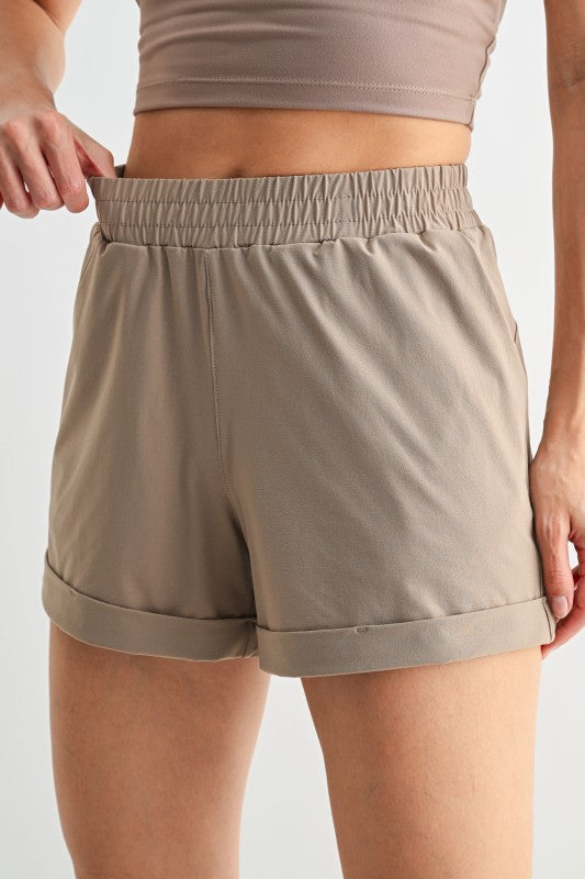 Taupe HW Cuffed Athleisure Shorts