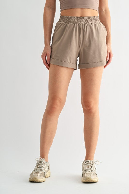 Taupe HW Cuffed Athleisure Shorts