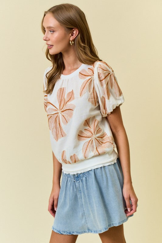 Ivory/Coral Floral Puff Sleeve Top