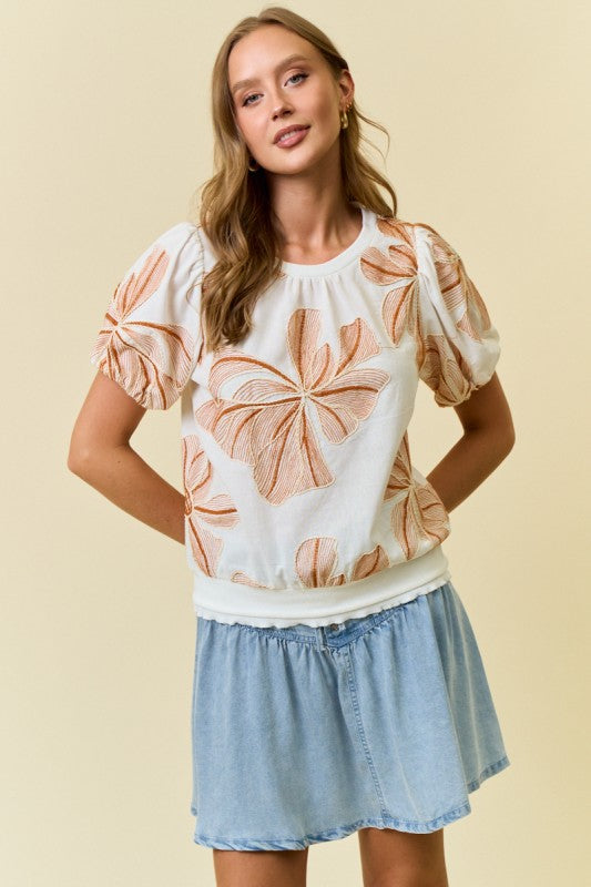 Ivory/Coral Floral Puff Sleeve Top