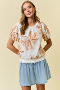 Ivory/Coral Floral Puff Sleeve Top
