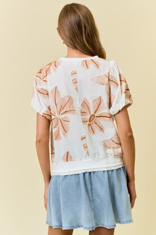 Ivory/Coral Floral Puff Sleeve Top