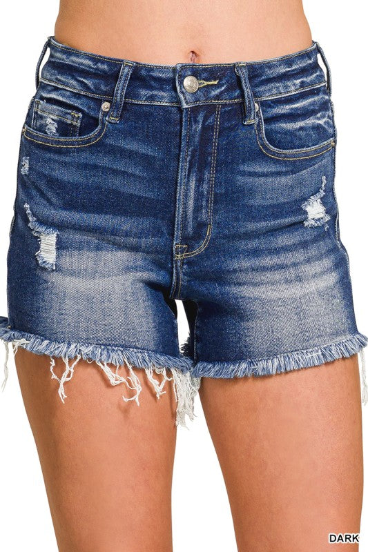 Zenana Dk Wash Frayed Hem Denim Shorts